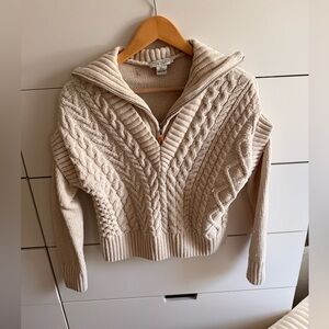 Rachel Zoe Cream Cable Knit Cowlneck Half-Zip Sweater